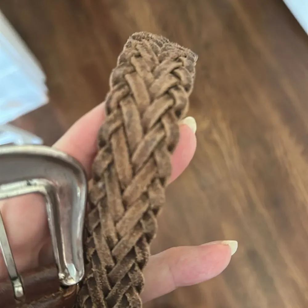 Vintage Boho Western Woven Braided Brown Leather Belt‎ with Floral Silver Buckle